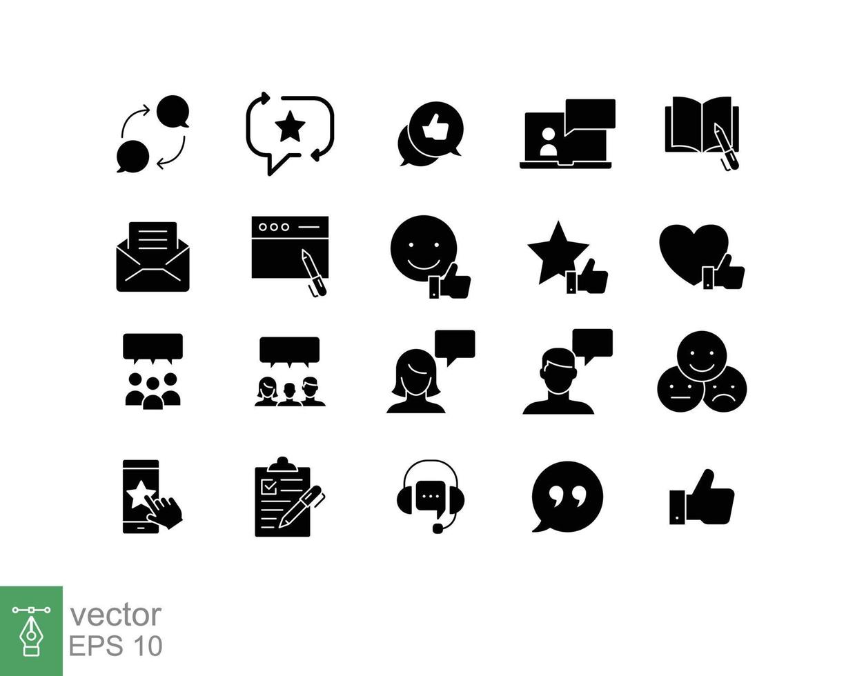 Business and finance web glyph icon set. Testimonials, customer relationship management or CRM concept. Simple solid style symbol collection. Vector illustration isolated on white background. EPS 10.