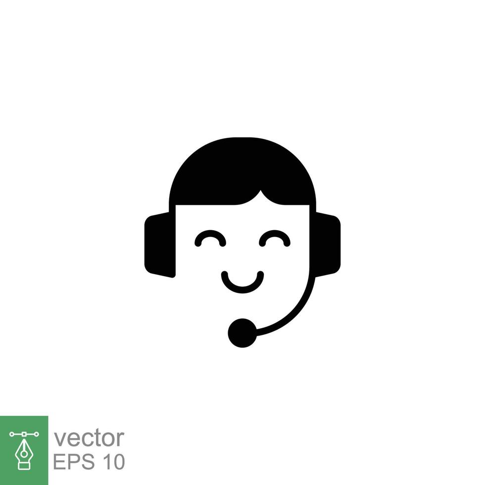 Call center operator icon. Happy operator, hotline service support in headset concept. Simple solid style. Black silhouette, glyph symbol. Vector illustration isolated on white background. EPS 10.