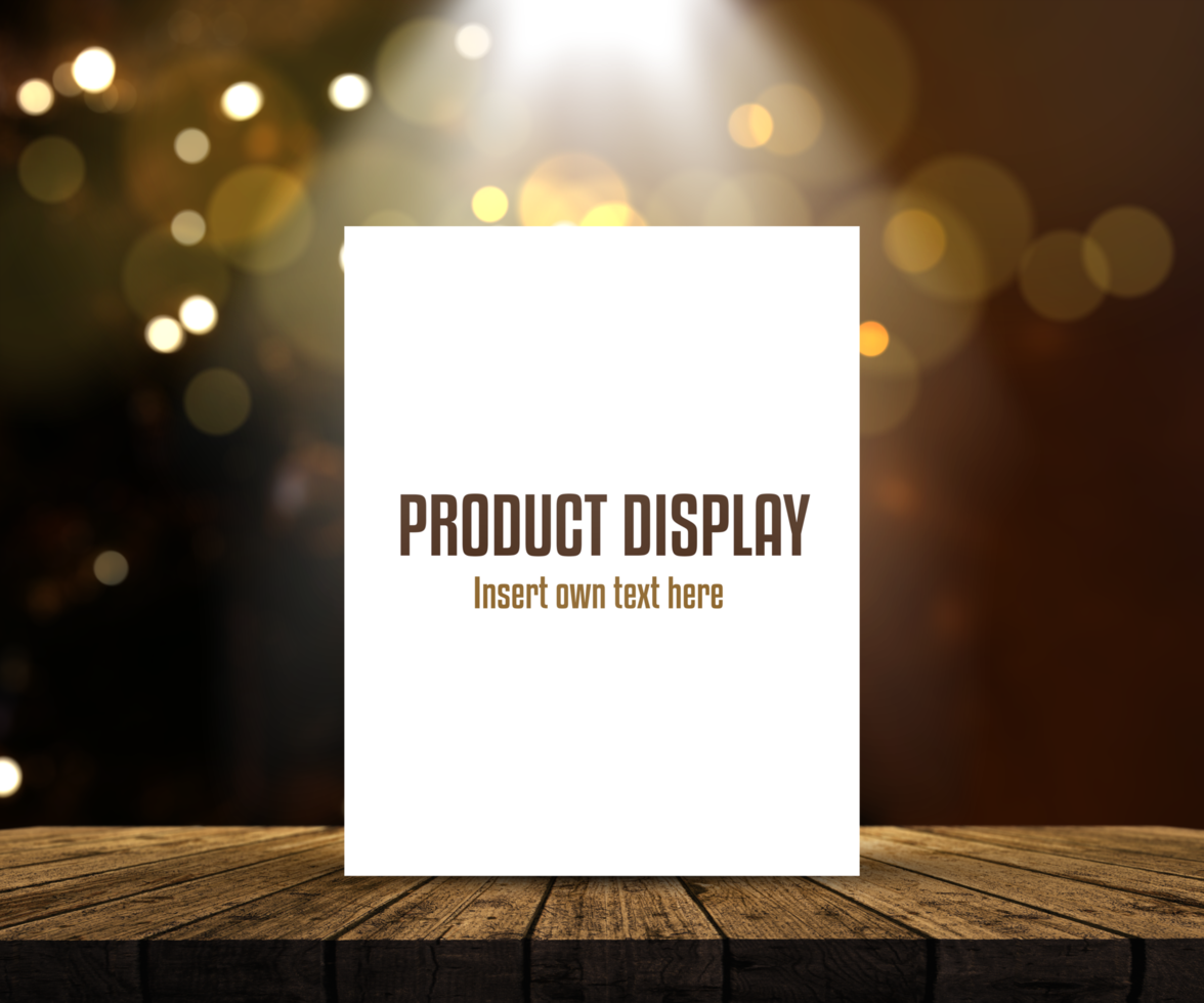editable producto monitor antecedentes con blanco imagen en de madera mesa en contra bokeh luces psd