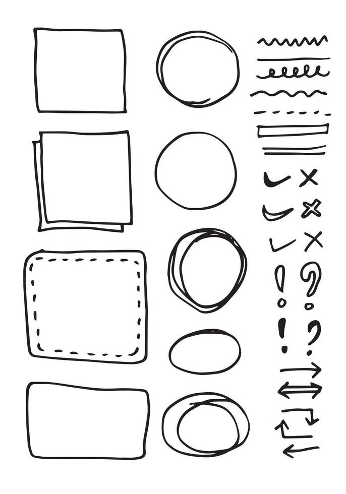 Doodle vector lines and curves.Hand drawn check and arrows signs. Set of simple doodle lines, curves, frames and spots. Collection of pencil effects. Doodle border. Simple doodle set.