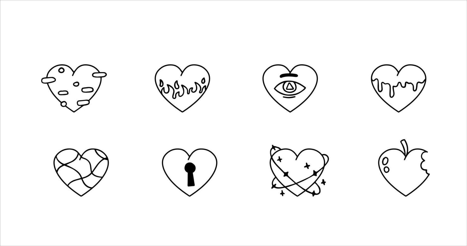 conjunto de corazones. colección de retro Clásico pegatina. hippie surrealista icono de amor. dibujos animados plano vector ilustraciones aislado en blanco antecedentes. extraño psicodélico conjunto