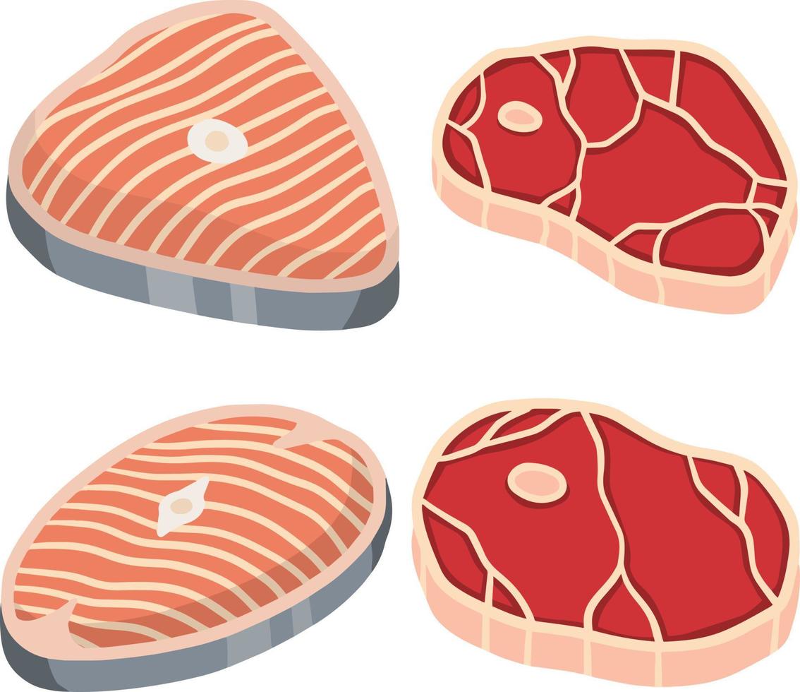 Piece of red salmon fish meat with pink stripe. Food for Cooking sushi. Set of Raw Seafood. Cut off part. Slices with grey skin. Kitchen and meal element. Cartoon illustration. Steak and barbecue vector