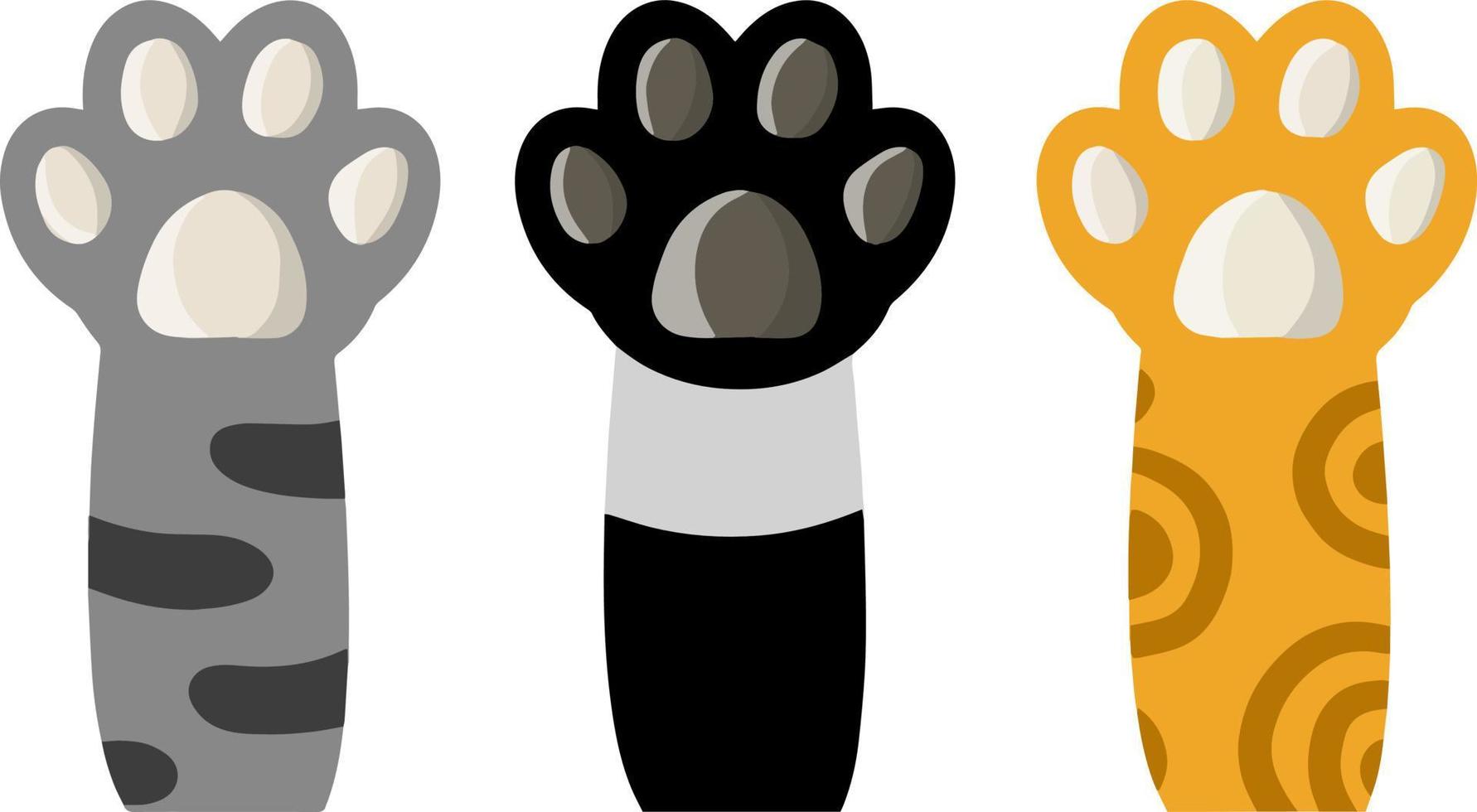 Set of different paw. Cat hands of different colors. White, black, red, grey animal with fur. Cartoon flat illustration. Spots and stripes. Collection of breeds of Pets vector