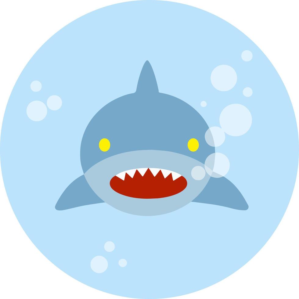 Shark under blue water with air bubbles. Sea predator on the hunt. The face of a big toothy fish. Ocean dweller in circle logo. Cartoon flat illustration vector