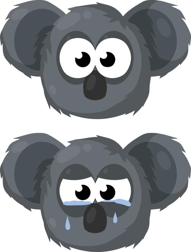 Koala is crying. Extinction of Australian animal. Set of gray cute bear Heads. face of a funny and sad character. Protecting the beast from disaster and tears. vector