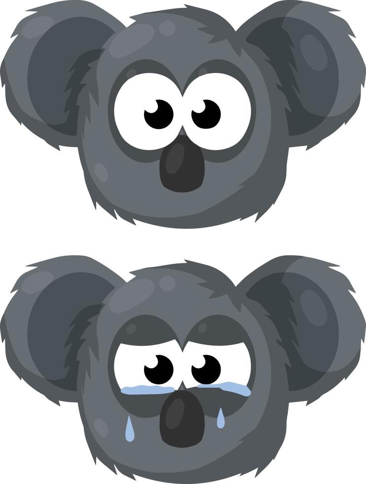 Koala is crying. Extinction of Australian animal. Set of gray cute bear Heads. face of a funny and sad character. Protecting the beast from disaster and tears. vector