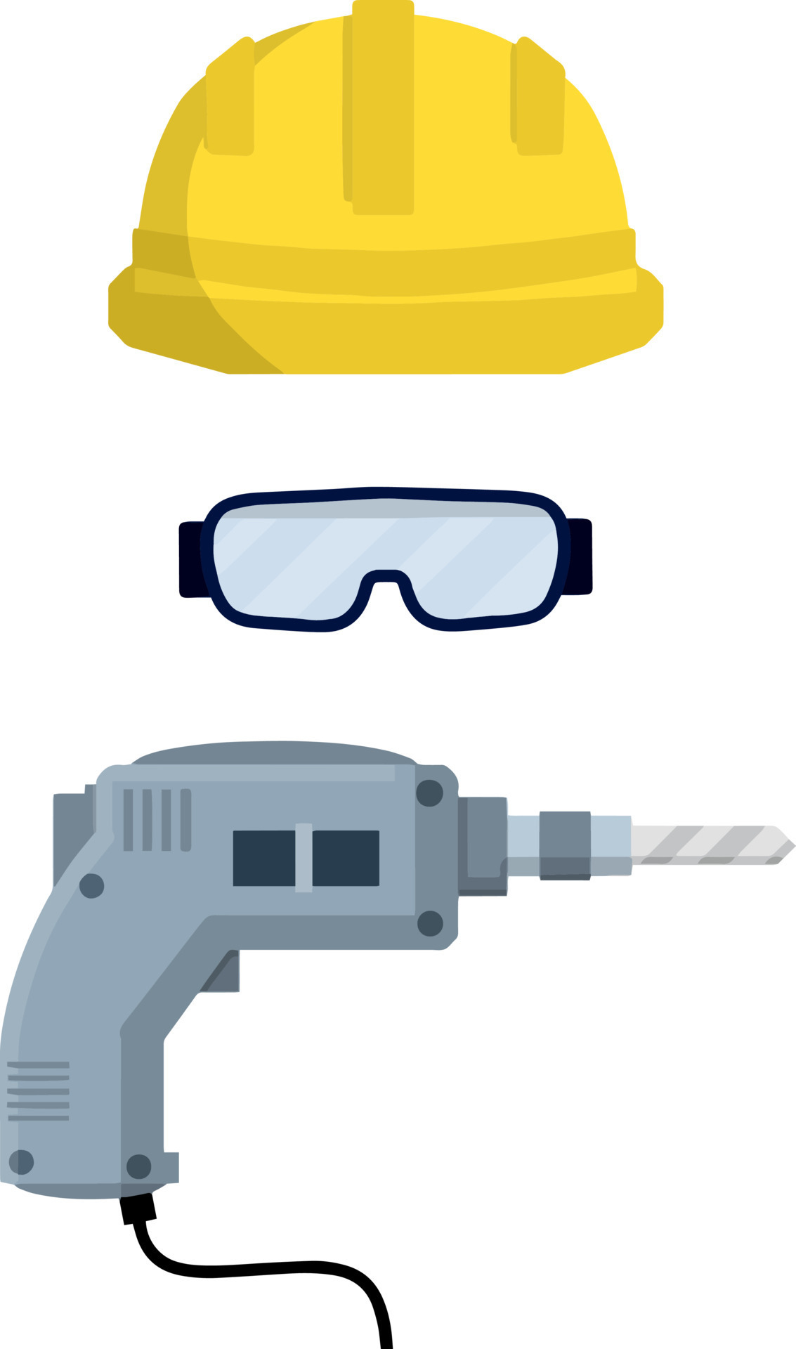 Clothing and tools the worker and the Builder. Yellow uniform, drill,  goggles and helmet. industrial safety. Kit items and objects. Type of  profession. Cartoon flat illustration 22401423 Vector Art at Vecteezy