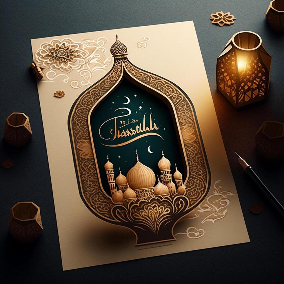 contento eid Mubarak deseos Ramadán Mubarak en Arábica y urdu eid imágenes para musulmán ai generado foto