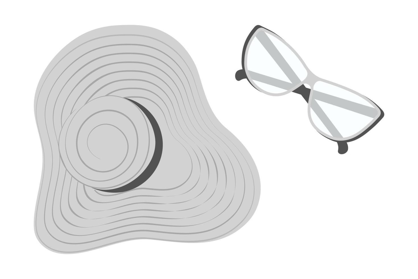 Set of summer hat with wide brim and a strips around and glasses with clear lenses in grayscale. EPS vector