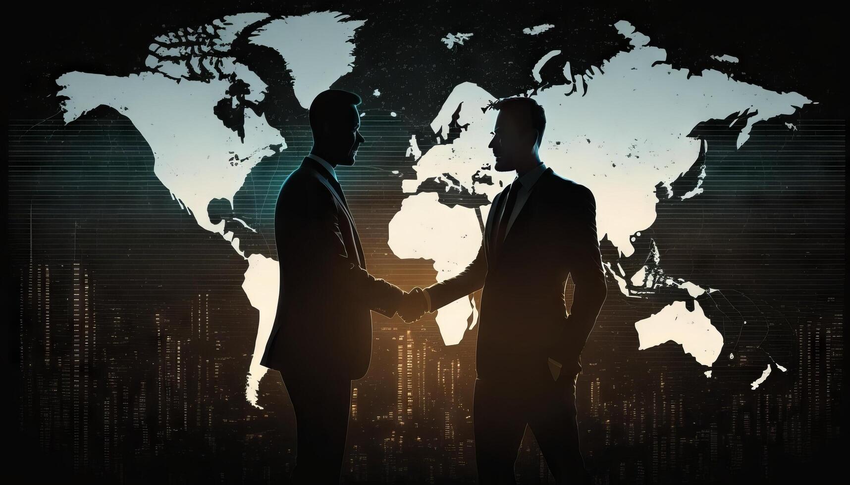 Two businessman investor handshake with effect global world map network link connection. photo