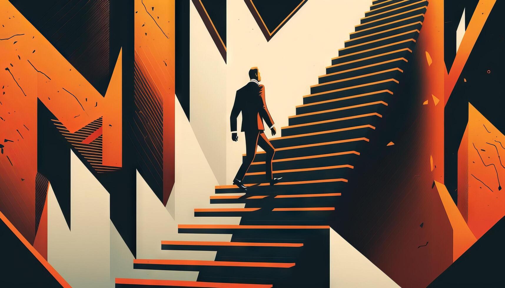 Business concept illustration of a man walking on a stairway leading up to up arrow. photo