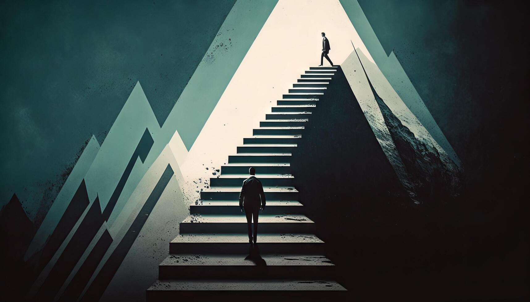 Business concept illustration of a man walking on a stairway leading up to up arrow. photo