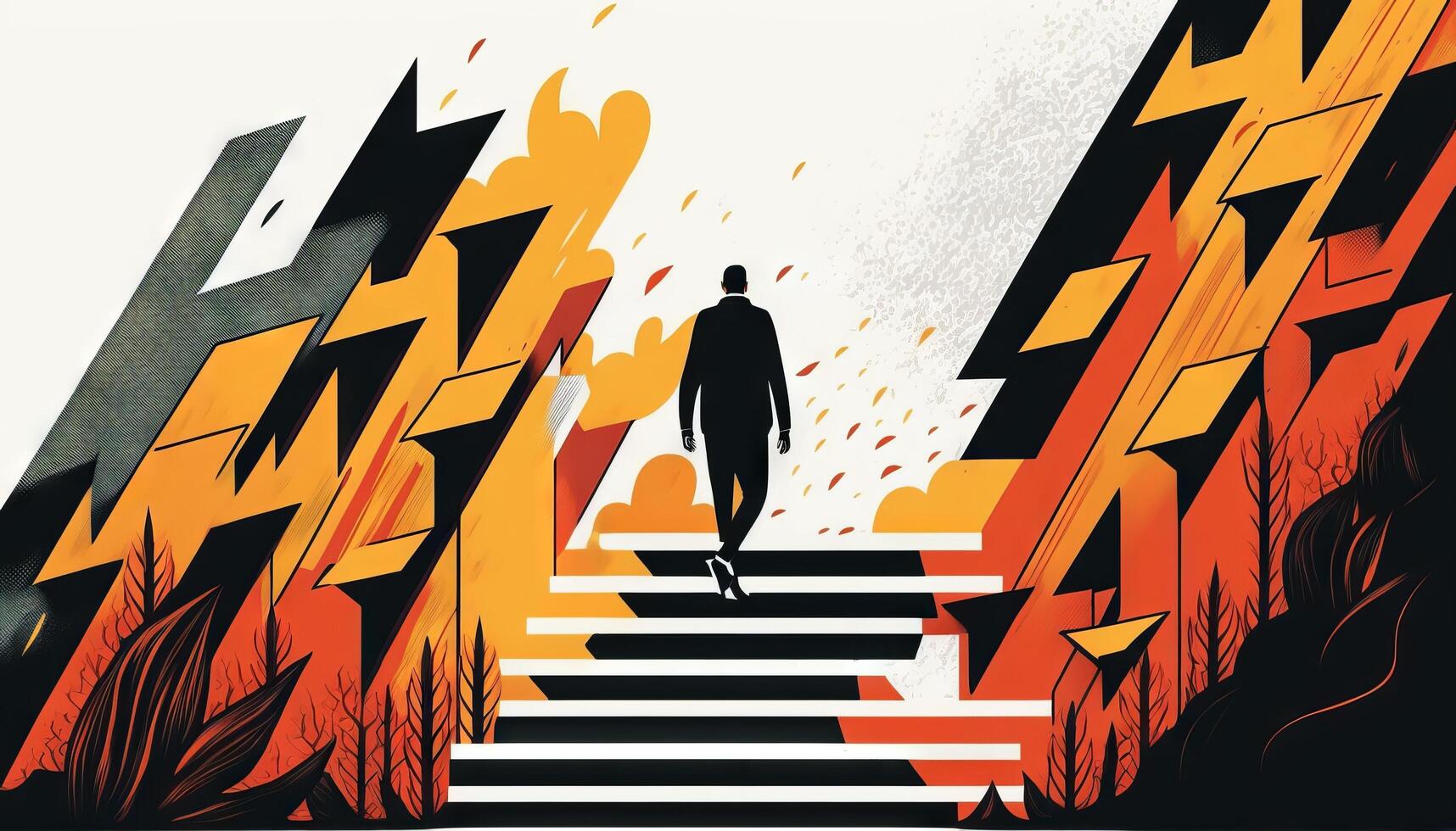 Business concept illustration of a man walking on a stairway leading up to up arrow. photo