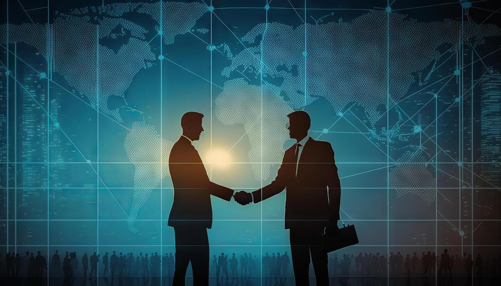 Two businessman investor handshake with effect global world map network link connection. photo