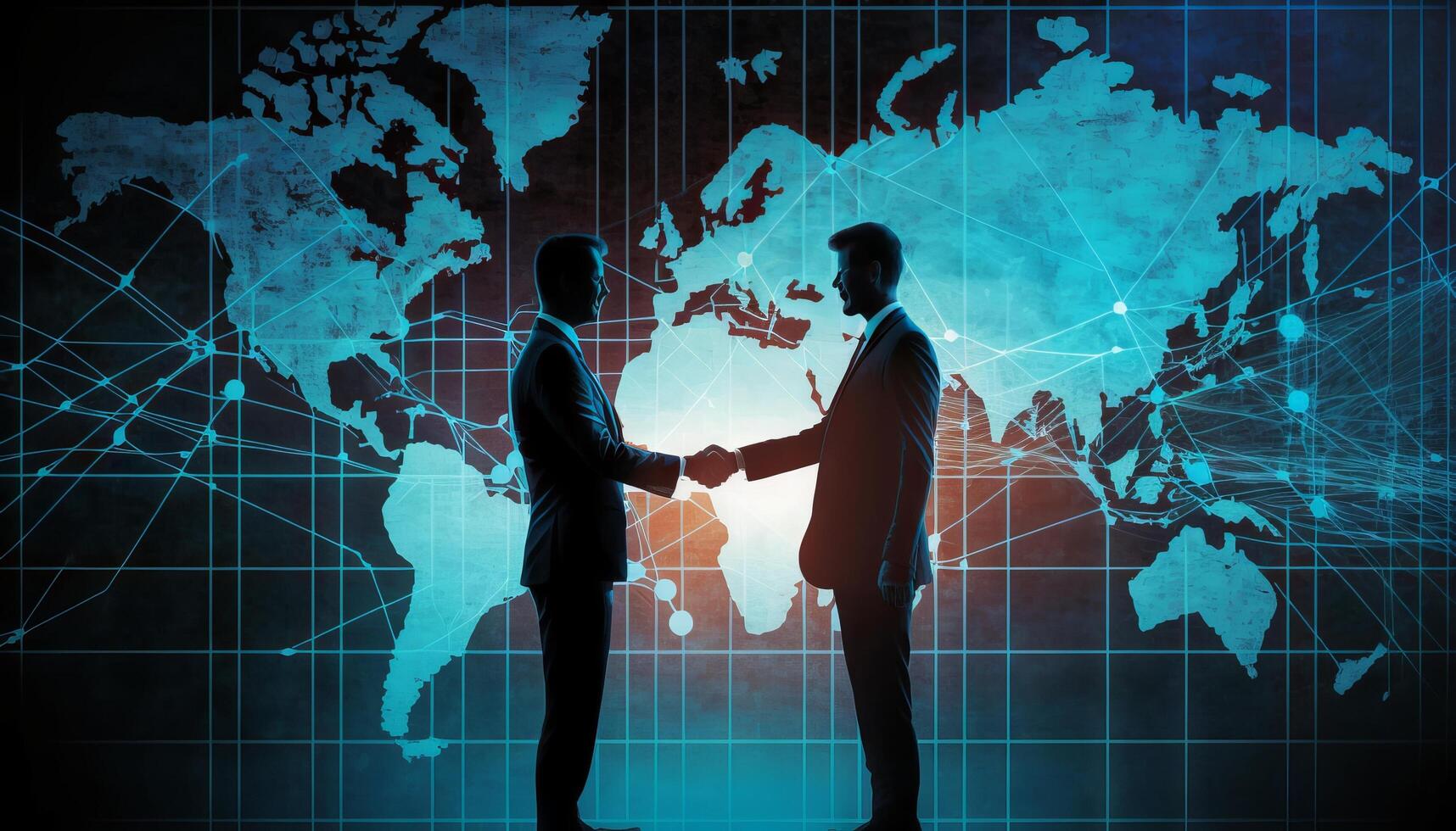 Two businessman investor handshake with effect global world map network link connection. photo