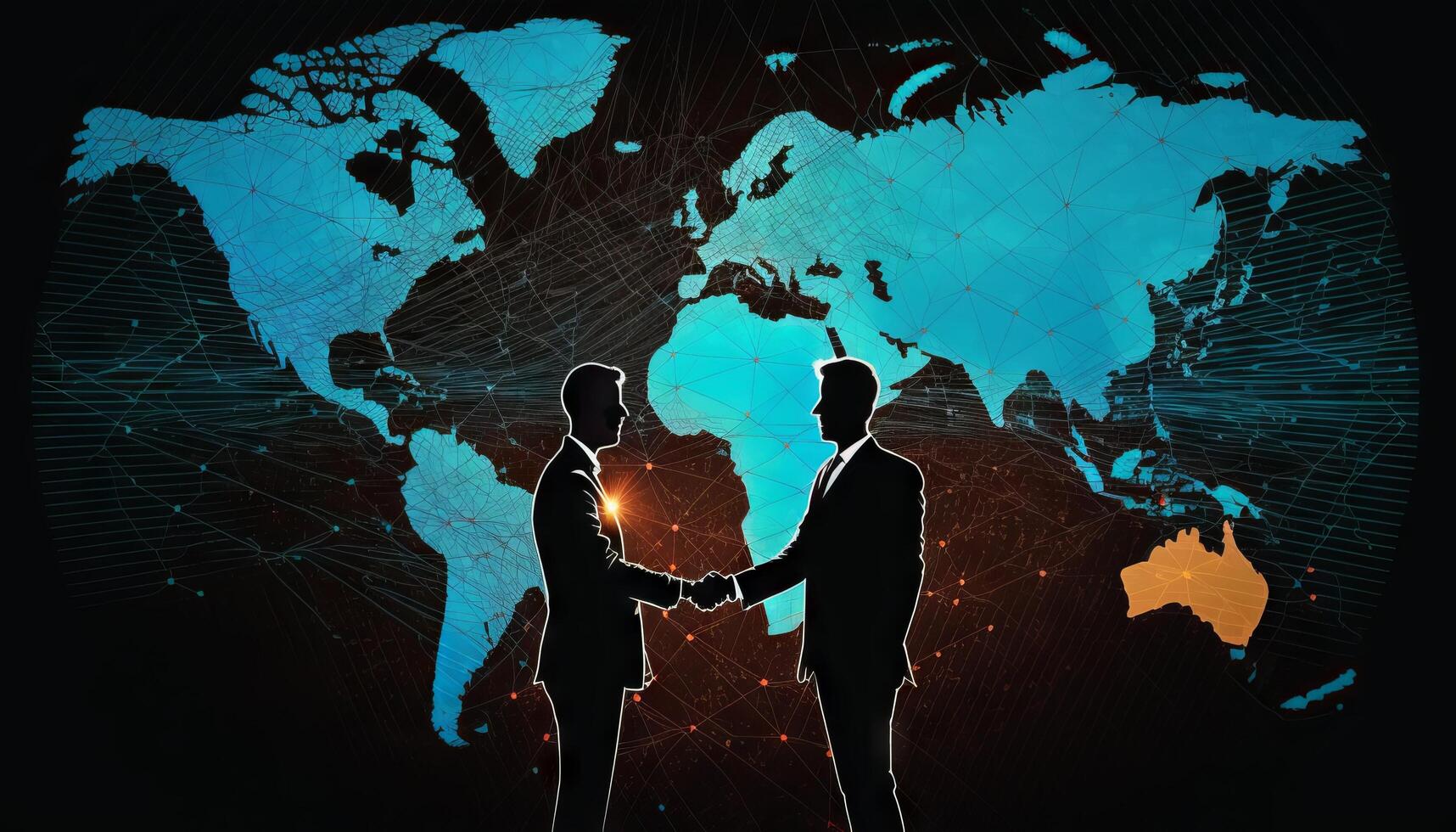 Two businessman investor handshake with effect global world map network link connection. photo