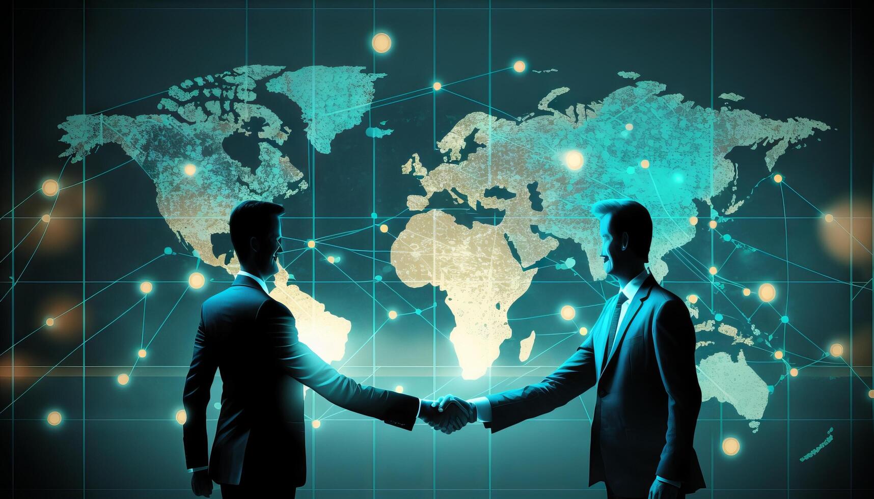 Two businessman investor handshake with effect global world map network link connection. photo