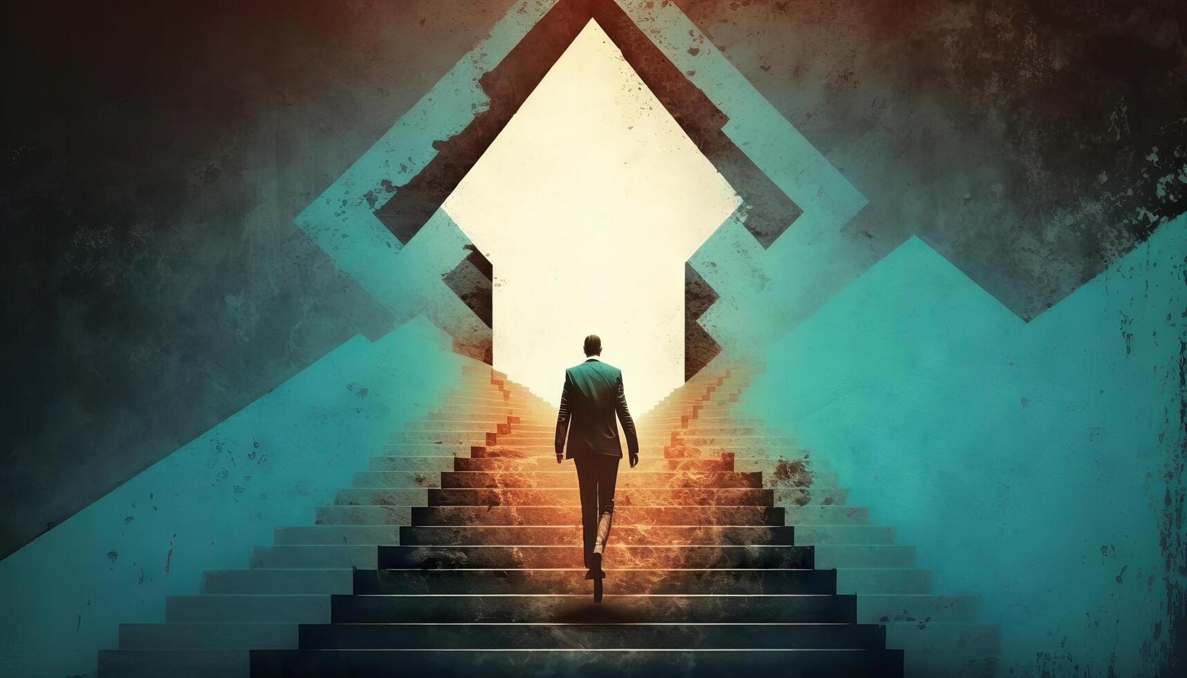 Business concept illustration of a man walking on a stairway leading up to up arrow. photo