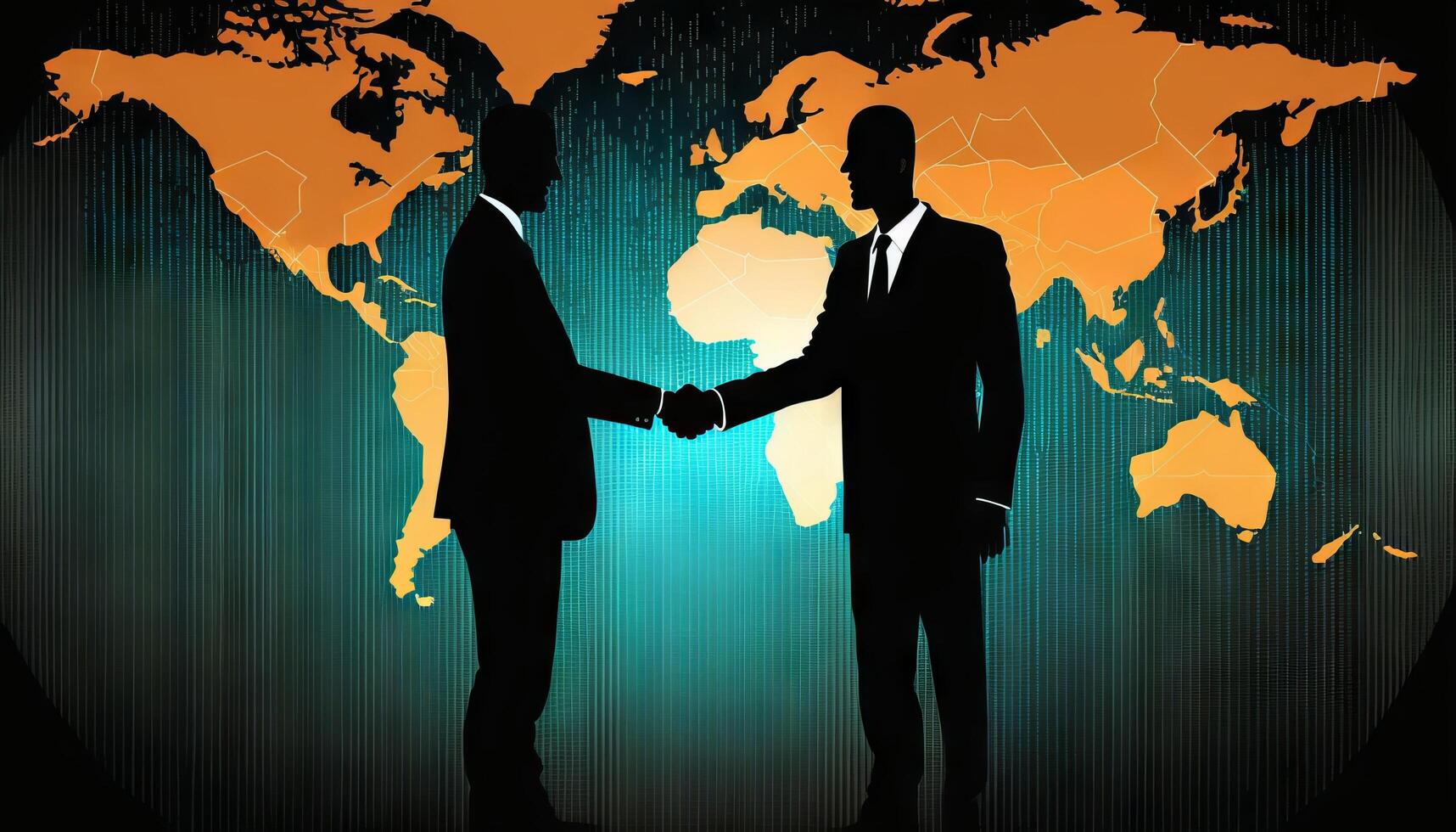 dos empresario inversor apretón de manos con efecto global mundo mapa red enlace conexión. generativo ai foto