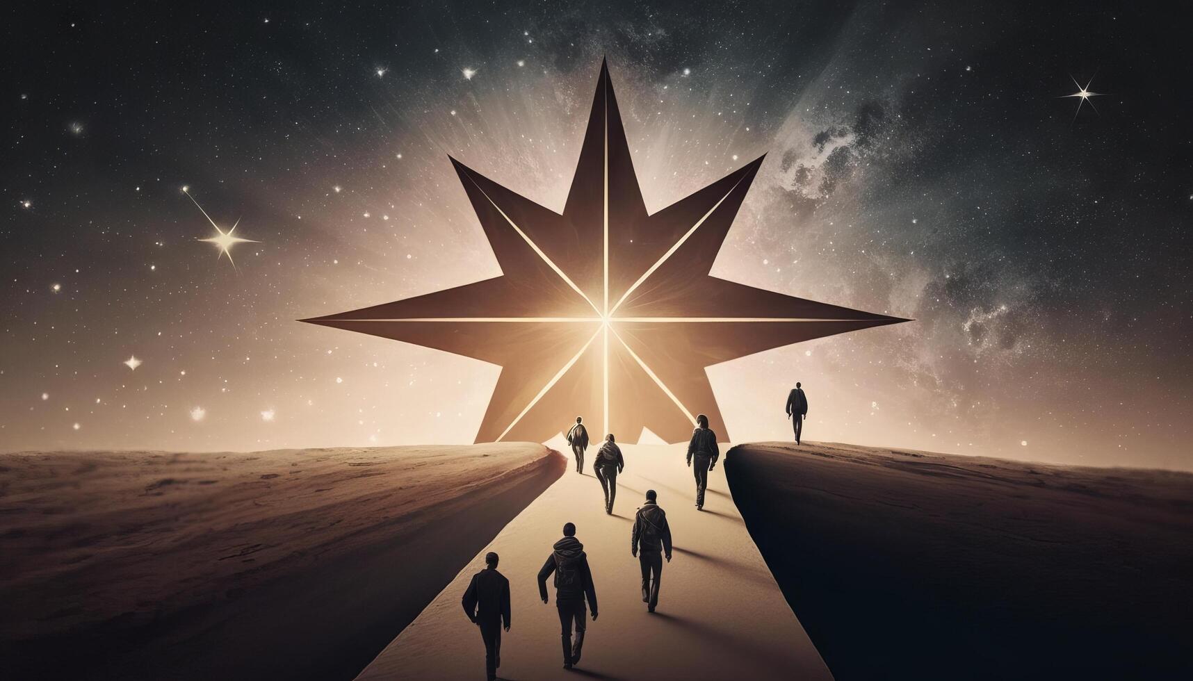 Man points to the star and leads his friends to follow him on his way forward, success journey, leadership. photo