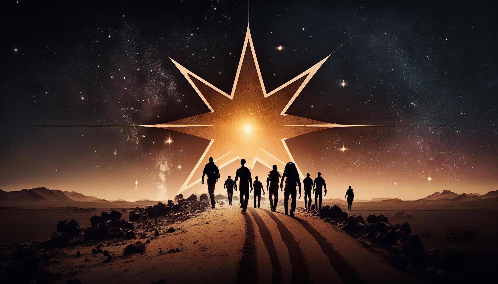 Man points to the star and leads his friends to follow him on his way forward, success journey, leadership. photo