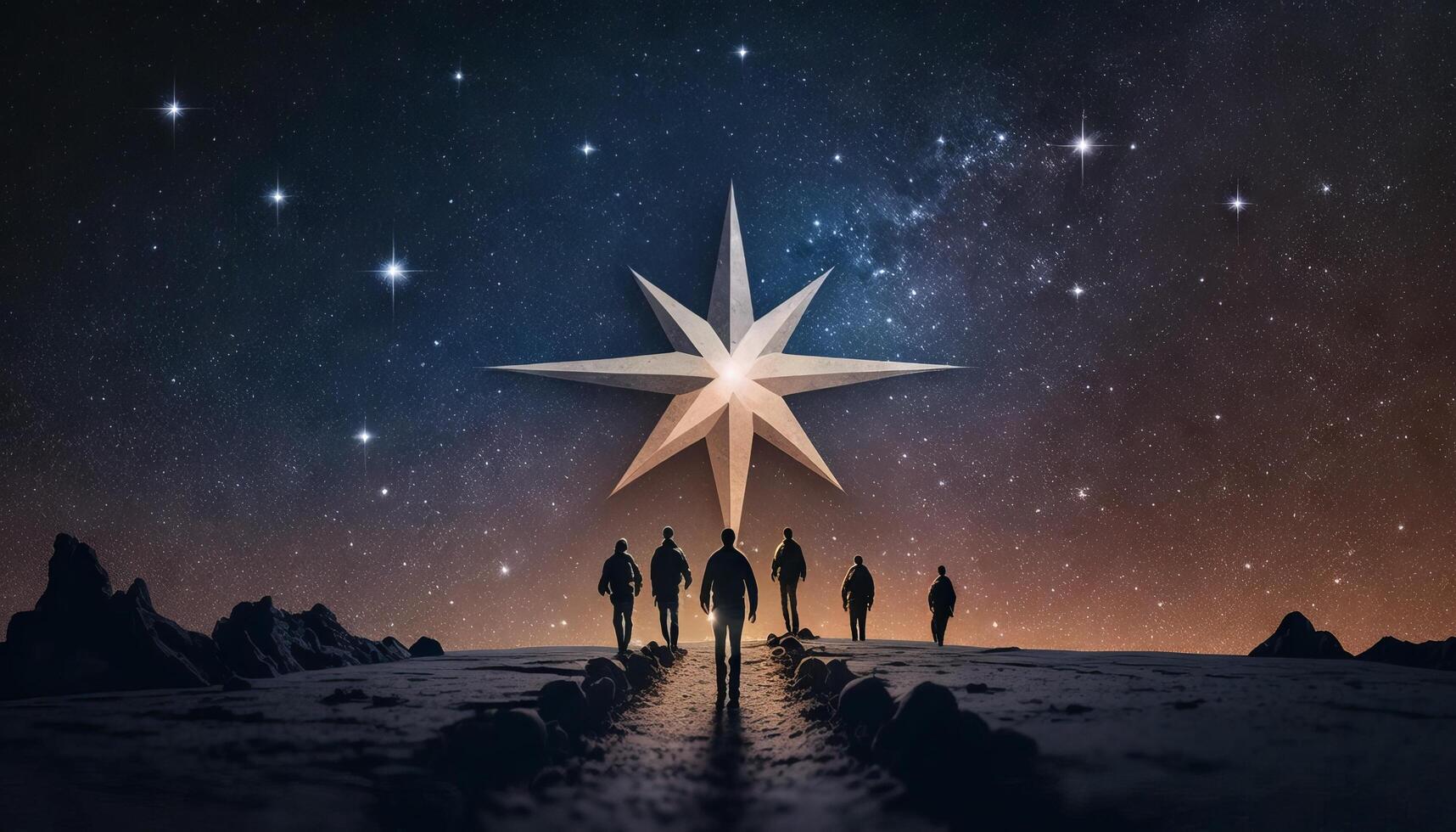 Man points to the star and leads his friends to follow him on his way forward, success journey, leadership. photo