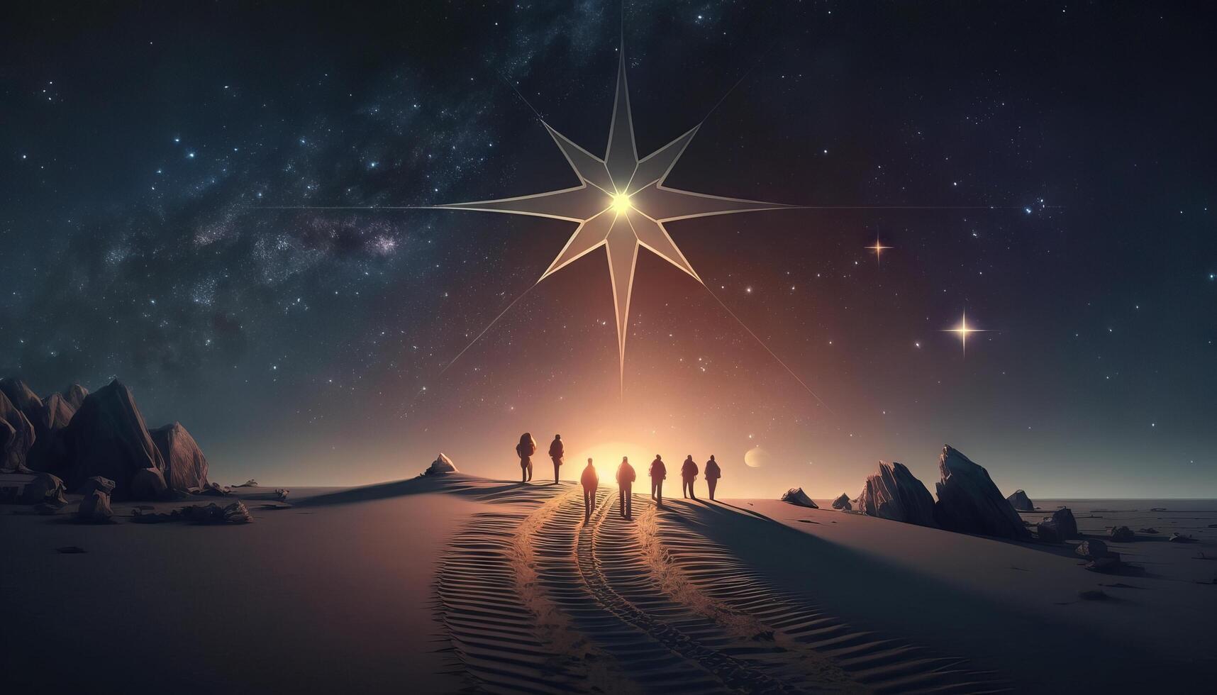 Man points to the star and leads his friends to follow him on his way forward, success journey, leadership. photo