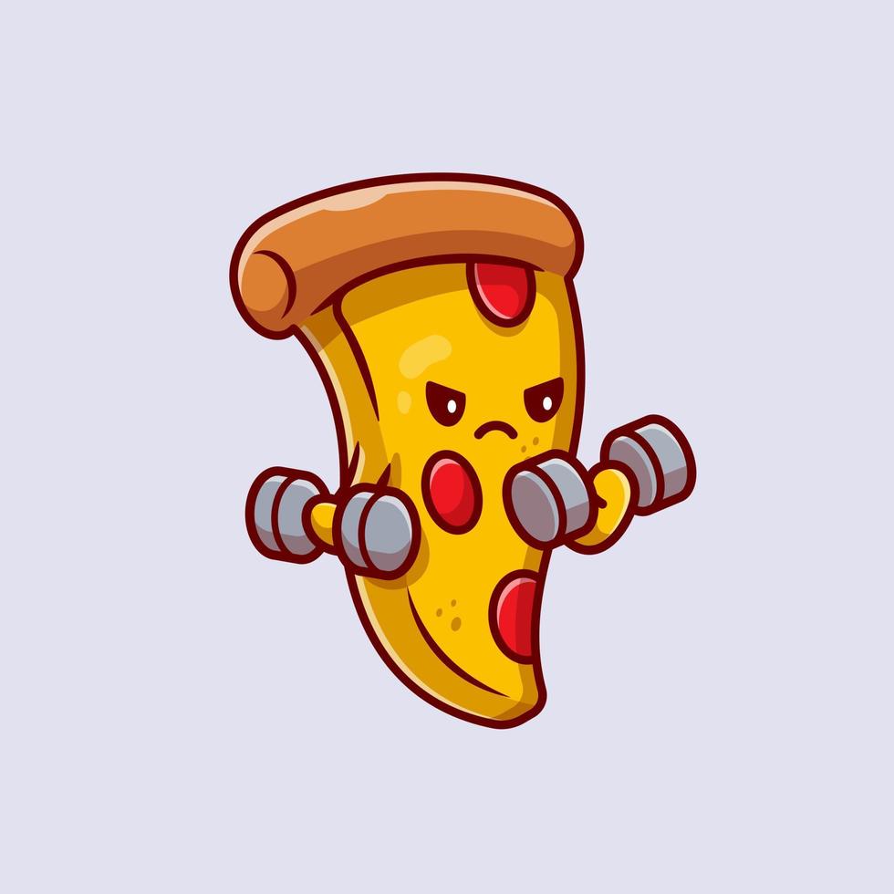 Cute Pizza Lifting Dumbbell Cartoon Vector Icon Illustration. Food Healthy Icon Concept Isolated Premium Vector. Flat Cartoon Style