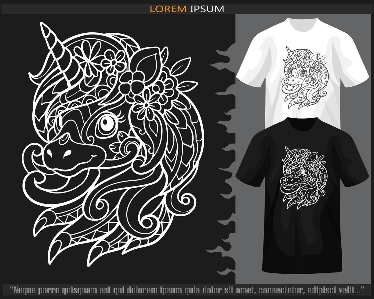 unicorn head mandala arts isolated on black and white t shirt. vector