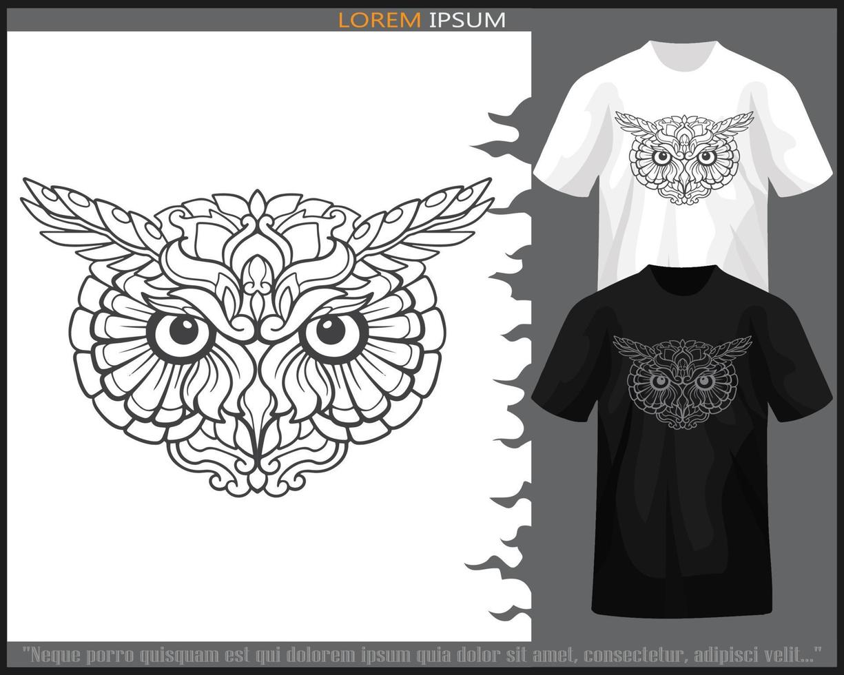 owl head mandala arts isolated on black and white t shirt. vector