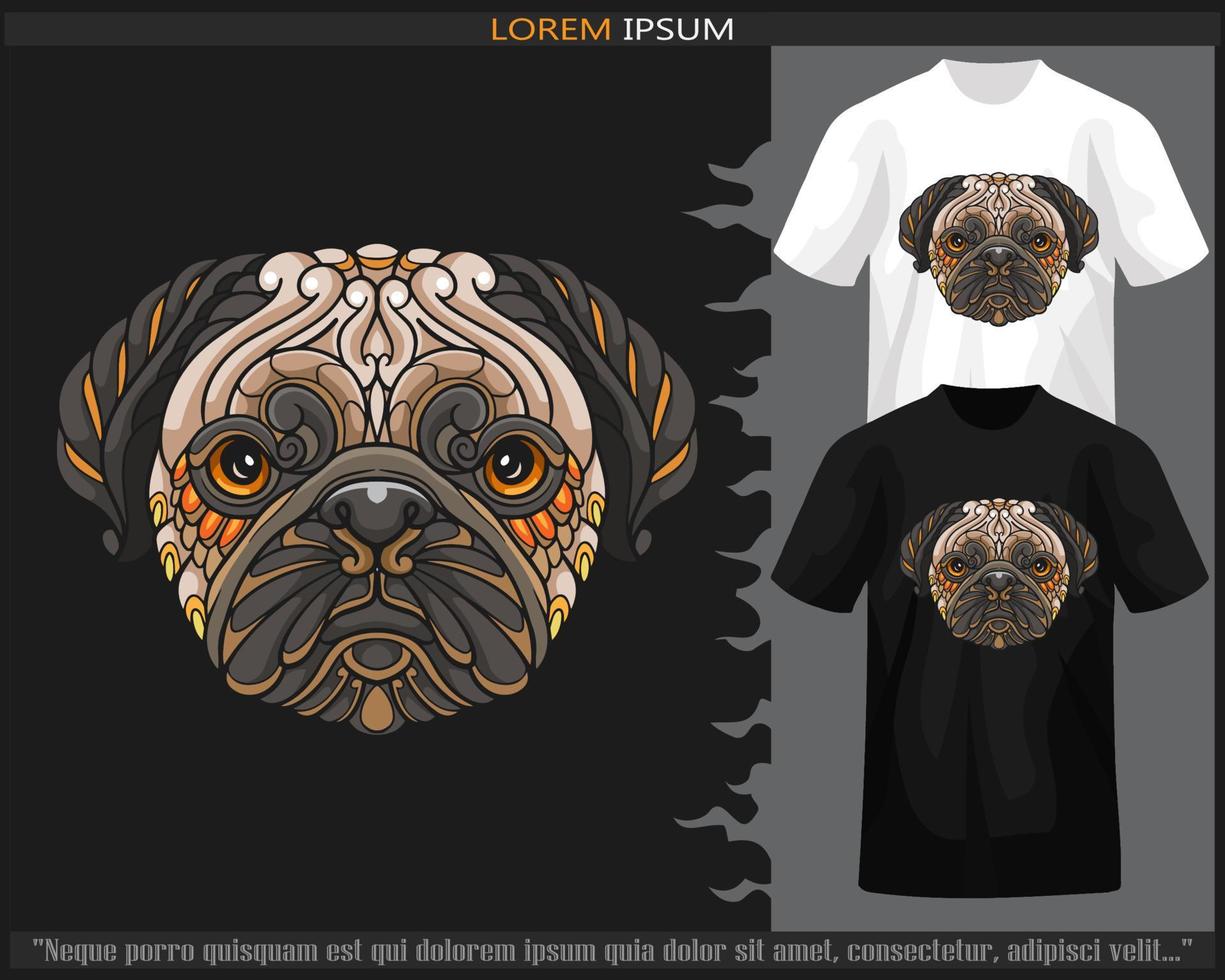 Colorful pug dog head mandala arts isolated on black and white t shirt. vector