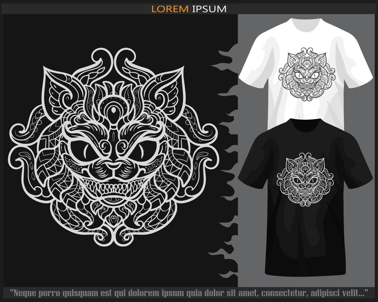 cat head mandala arts isolated on black and white t-shirt. vector