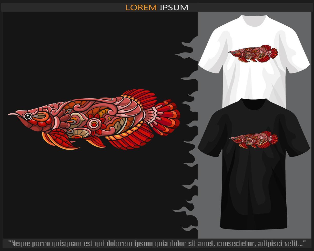 Colorful red arowana fish mandala arts isolated on black and white t shirt. vector