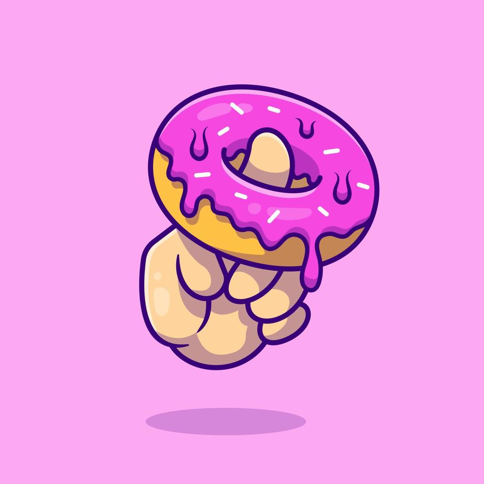 Doughnut With Hand Cartoon Vector Icon Illustration. Food Snack Icon Concept Isolated Premium Vector. Flat Cartoon Style