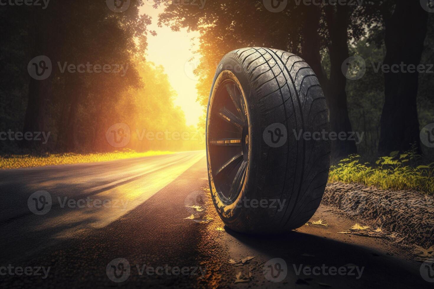 Car tyre on the asphalt road, created with photo