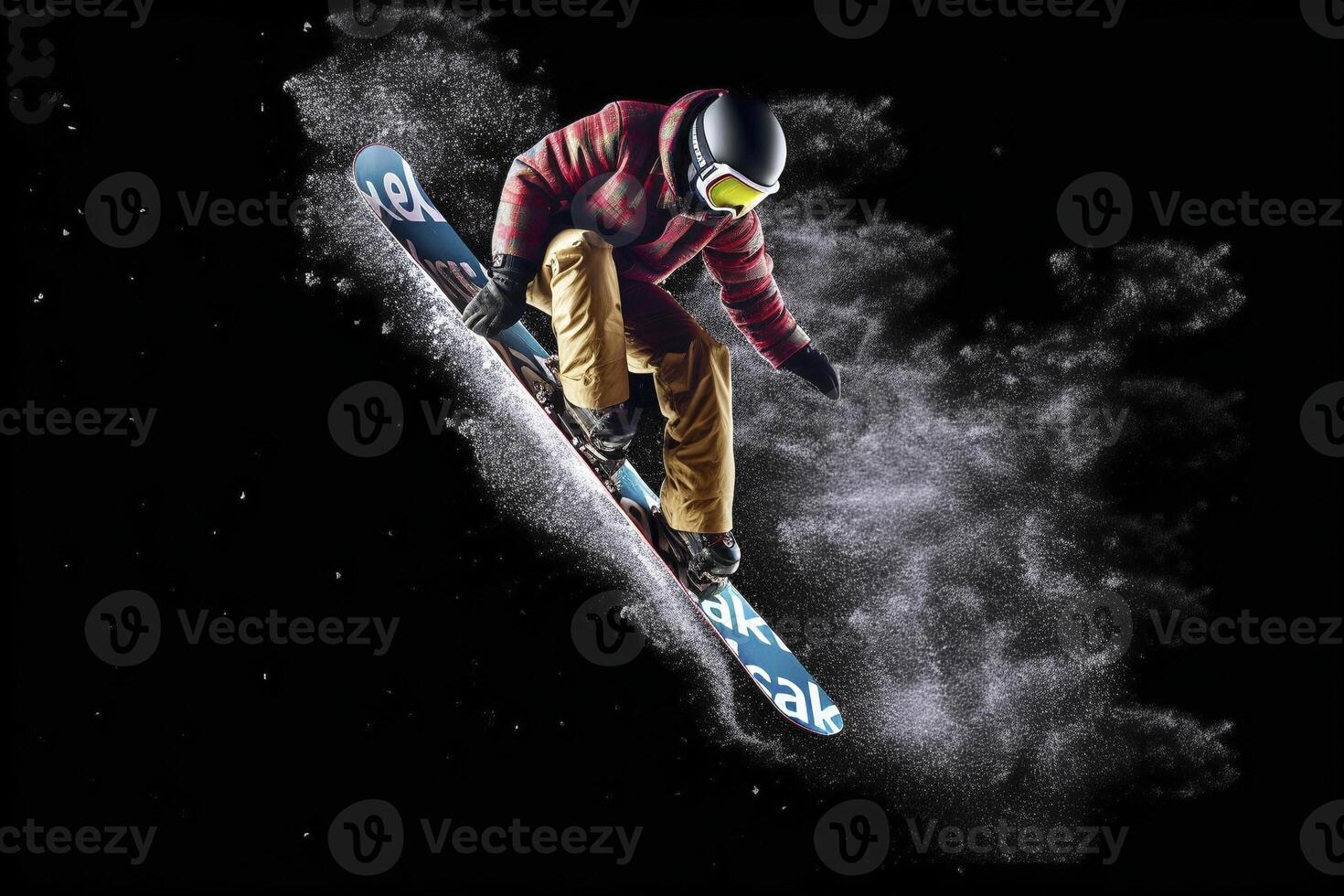 Snowboarde jumping trough air, created with photo