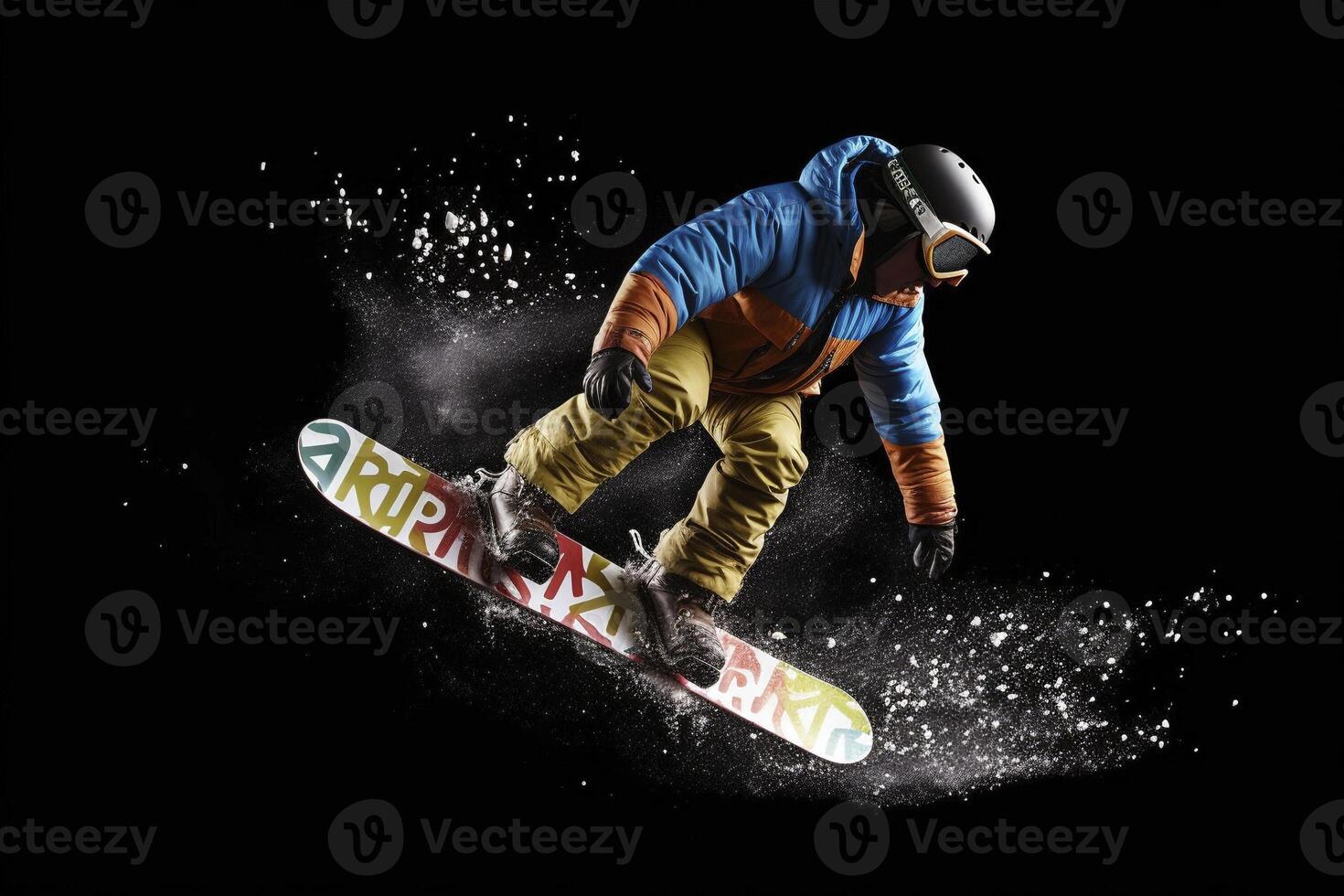 Snowboarde jumping trough air, created with photo