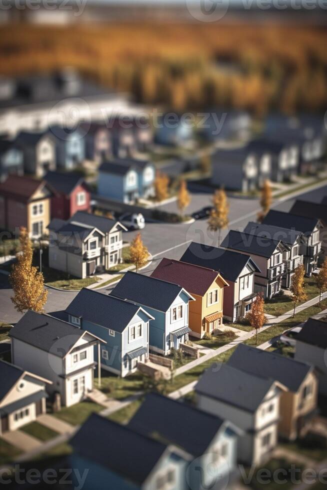 Modern generic suburb style model buildings with tilt shift effect, created with photo