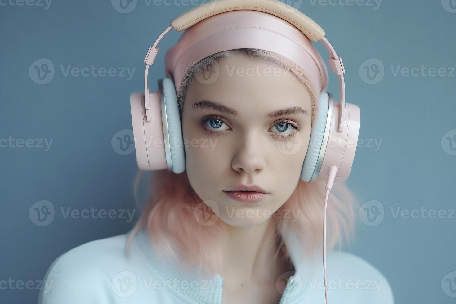 Young woman listem music with wireless headphones created with photo