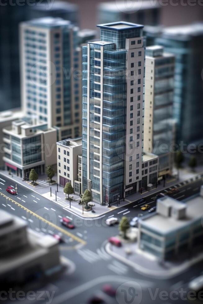 Modern contemporary style model buildings with tilt shift effect, created with photo