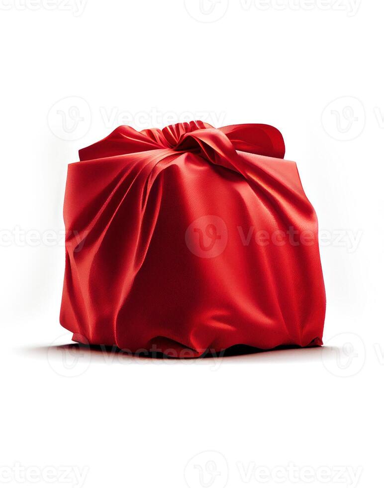 Surprise gift fully covered with red cloth on white background, created with photo