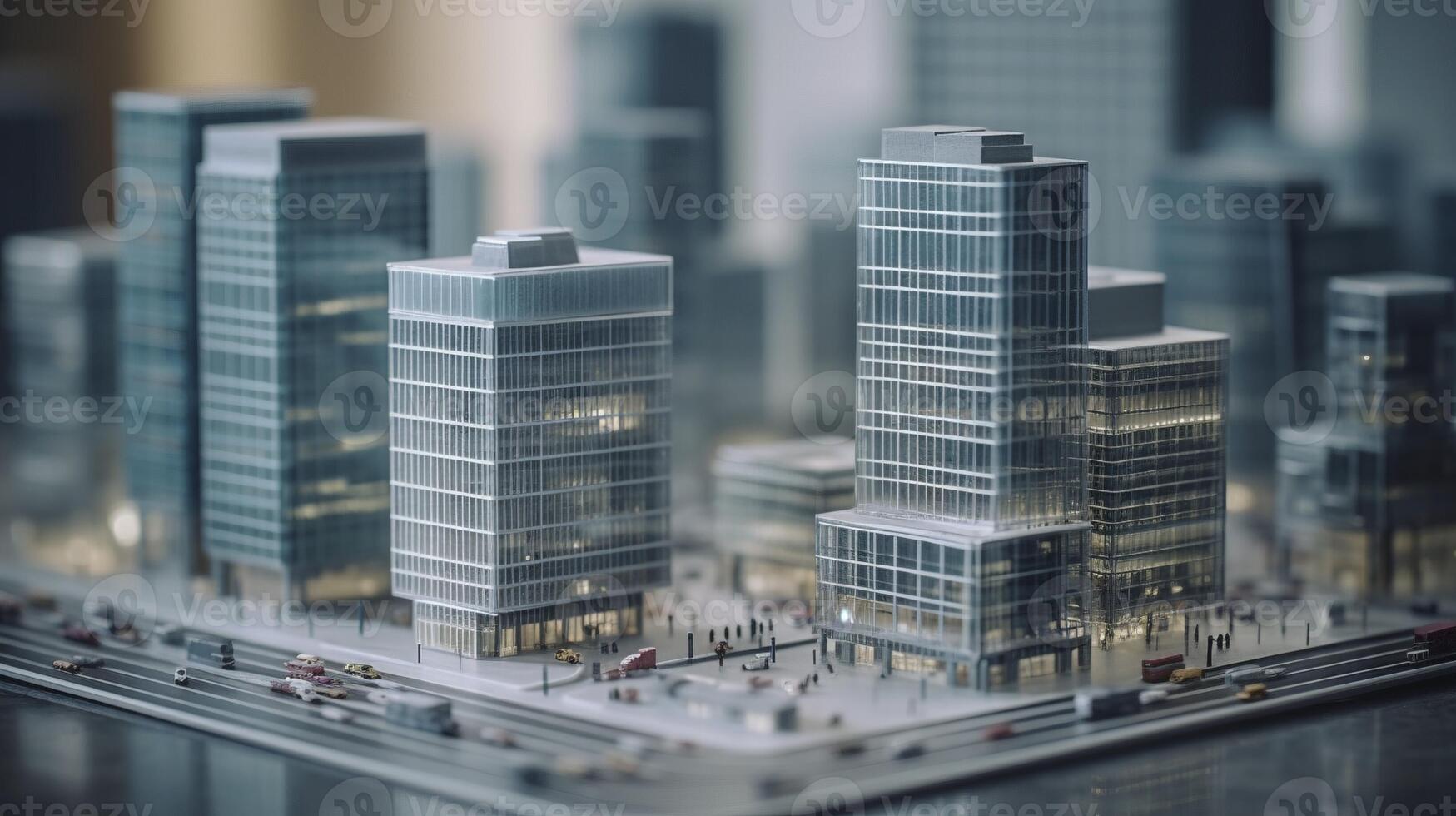 Modern contemporary style model buildings with tilt shift effect, created with photo