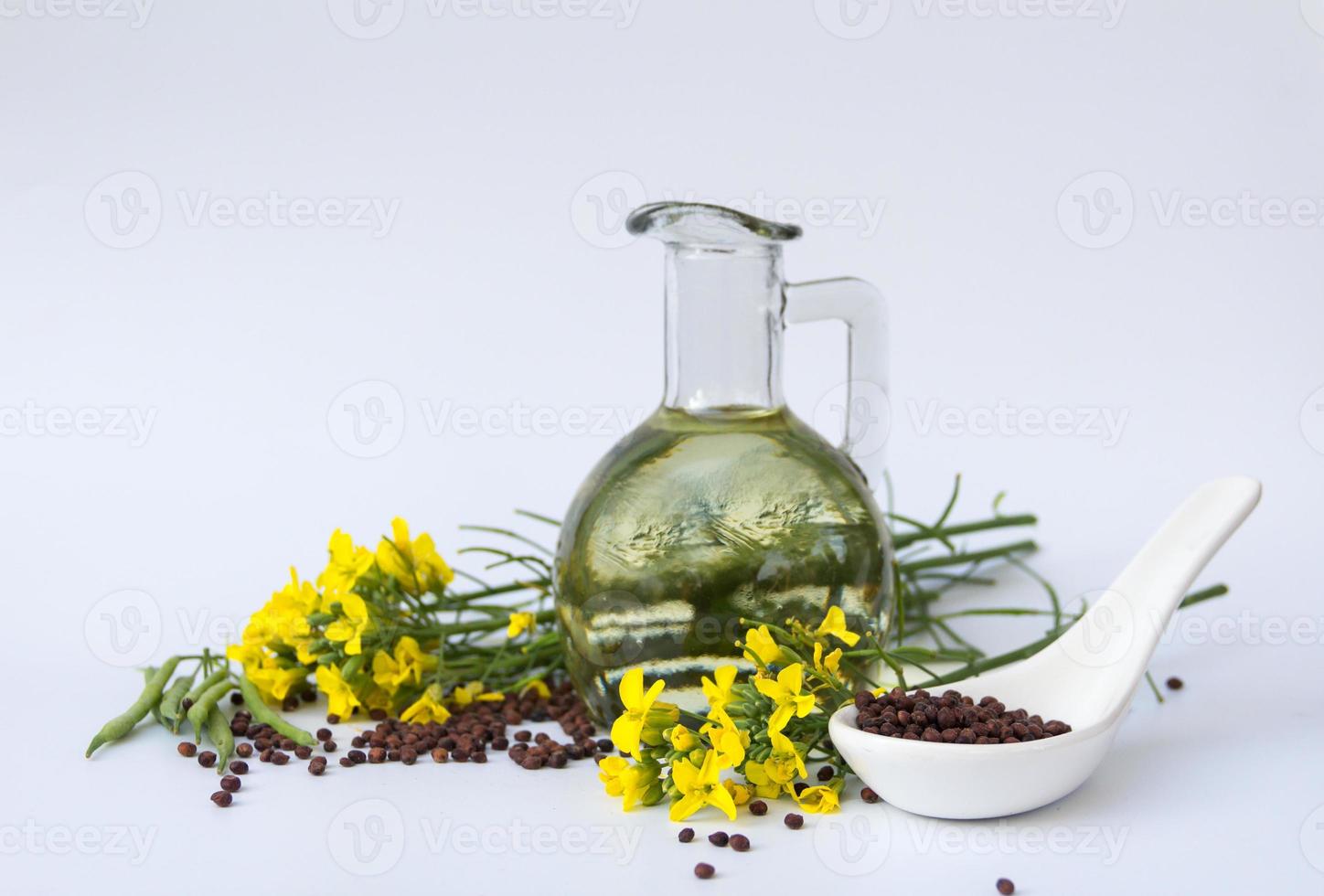 canola oil, flowers and seeds isolated white background photo
