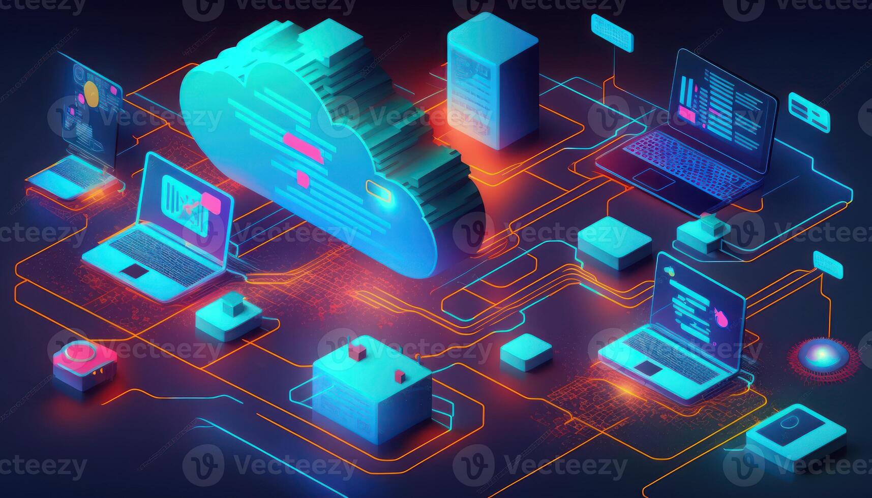 Cloud technology. Cloud computing. Devices connected to digital storage