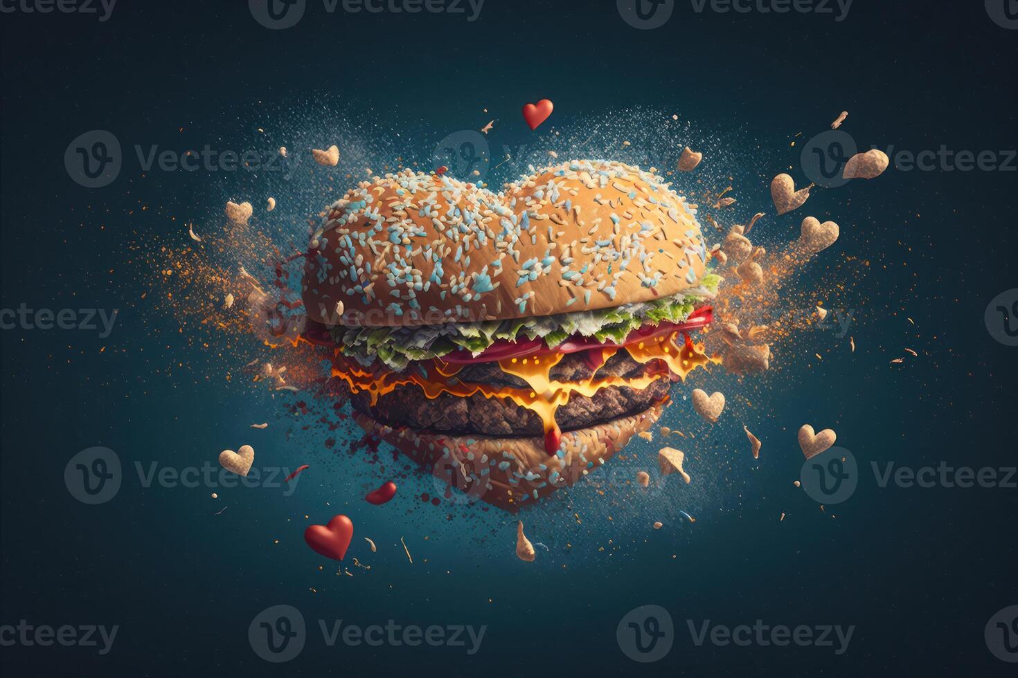 Burger in heart shape with little hearts exploding. photo