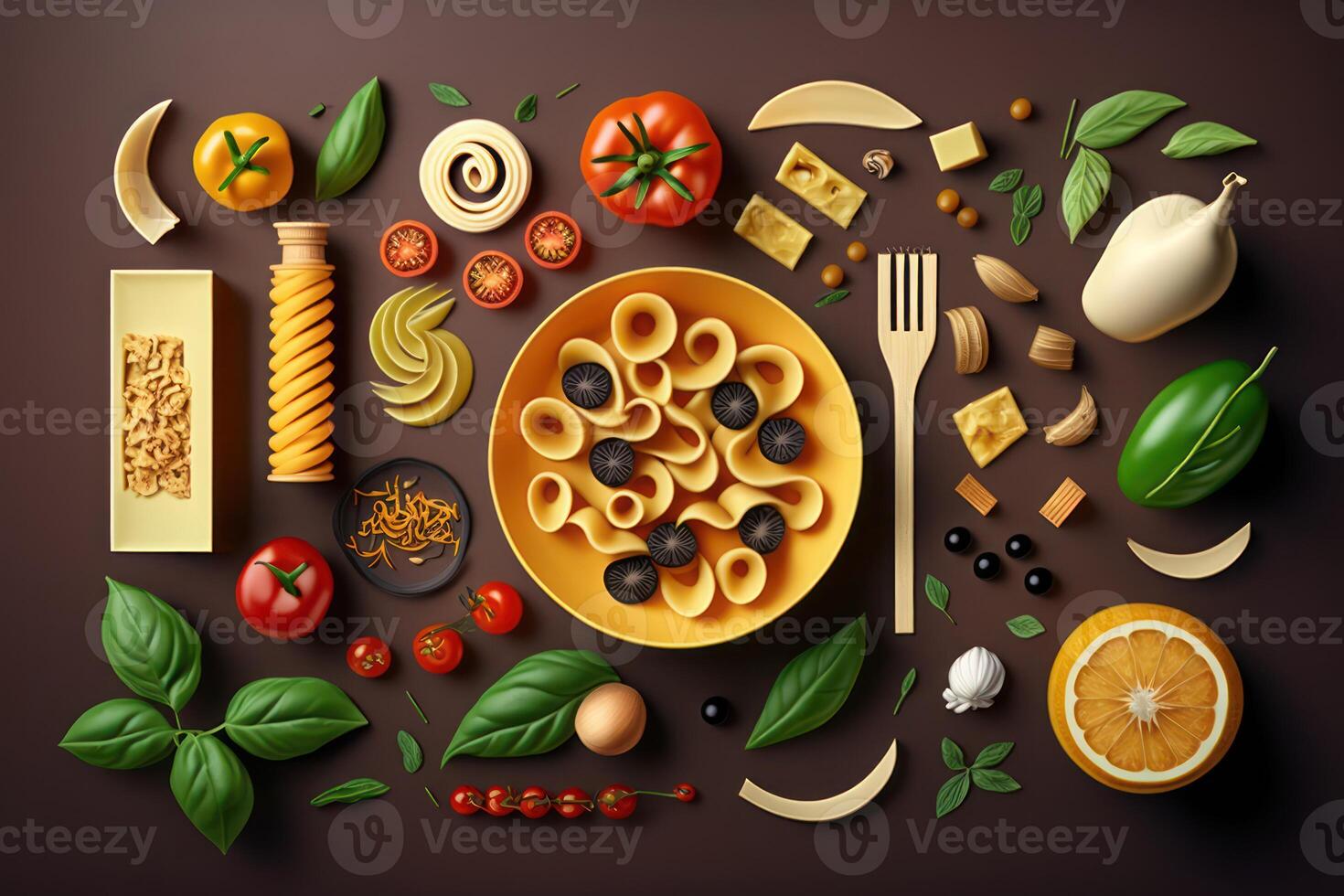 Top view of various foods as culinary concept background. photo