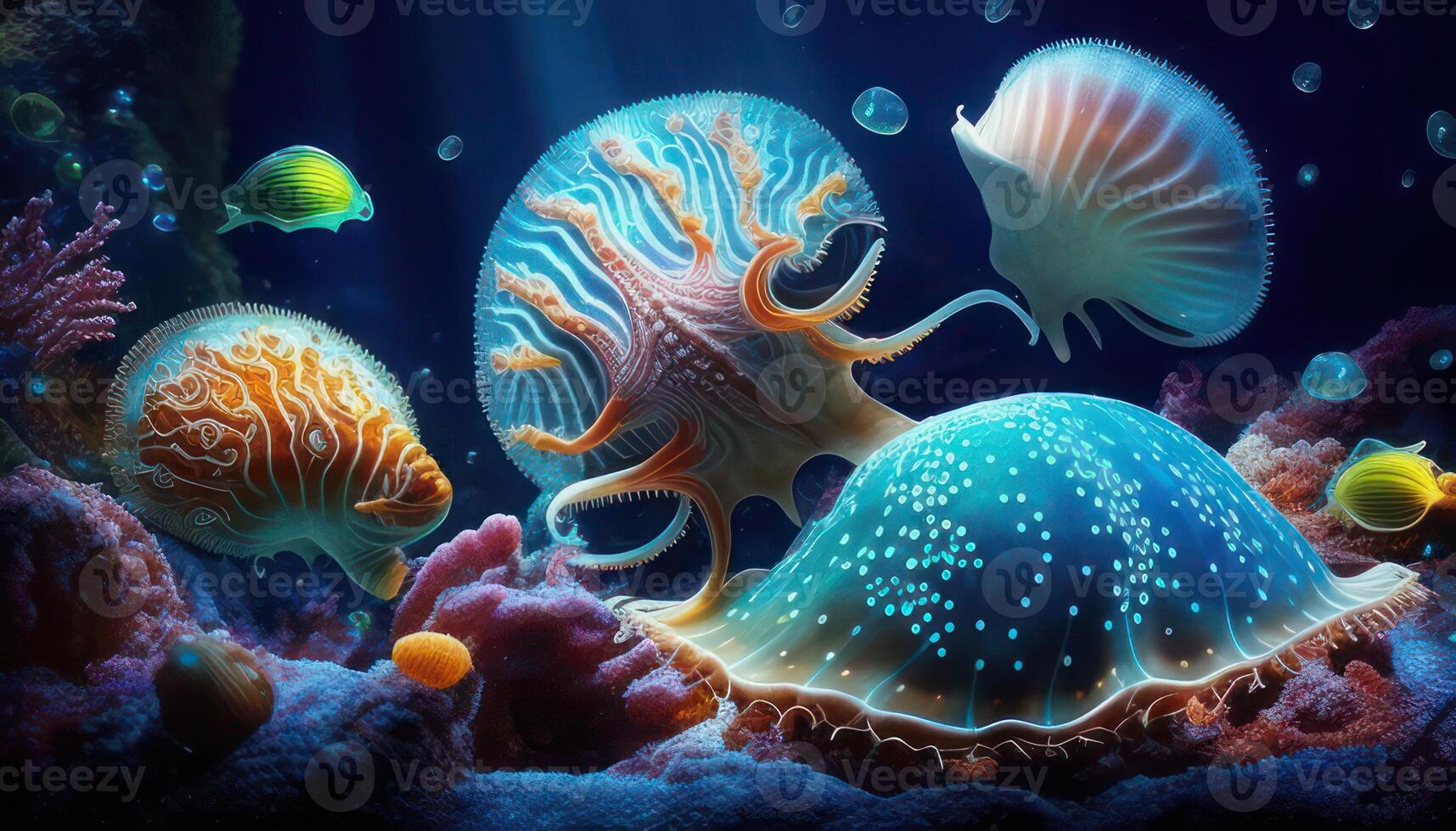 An underwater world with colorful scallops, starfish and conch shells. photo