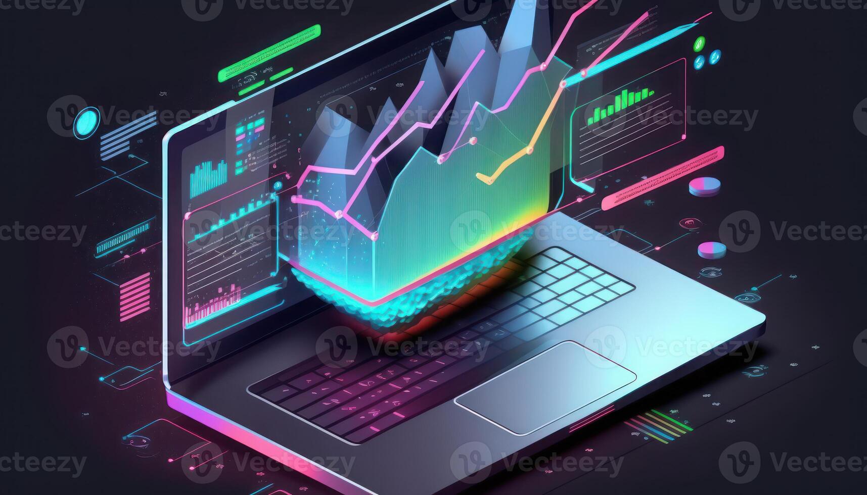 nube almacenamiento comunicación con computadora. hospedaje y datos Procesando. virtual desarrollo ambiente de programación software móvil, escritorio computadora plataformas supervisión. ai generado foto