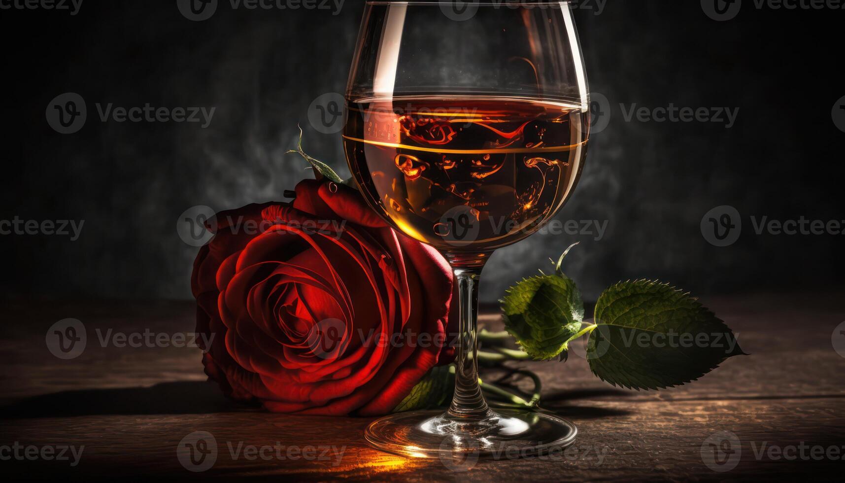 Glass of wine with rose for romantic atmosphere. AI Generated 22403681