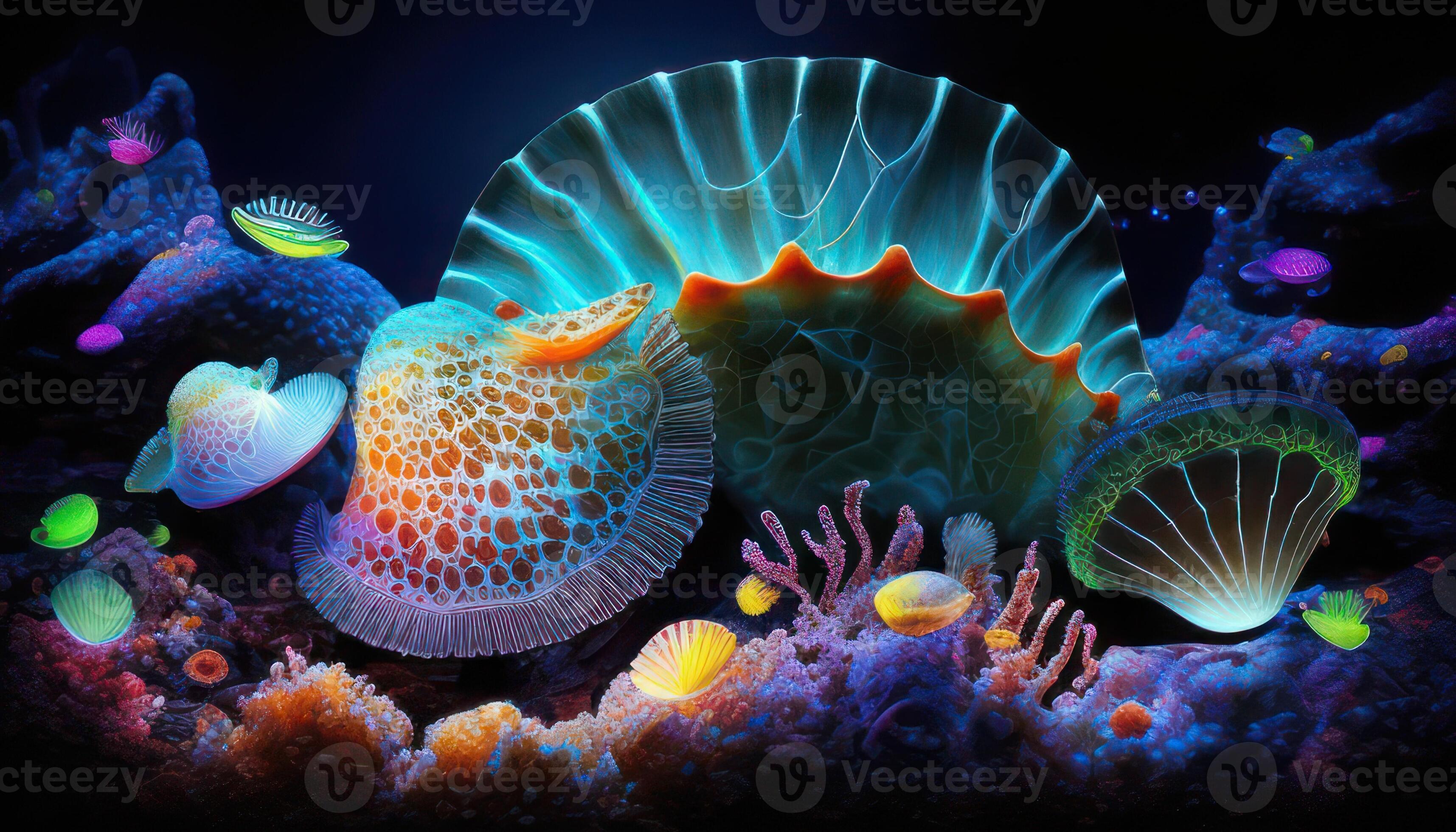 An underwater world with colorful scallops, starfish and conch shells